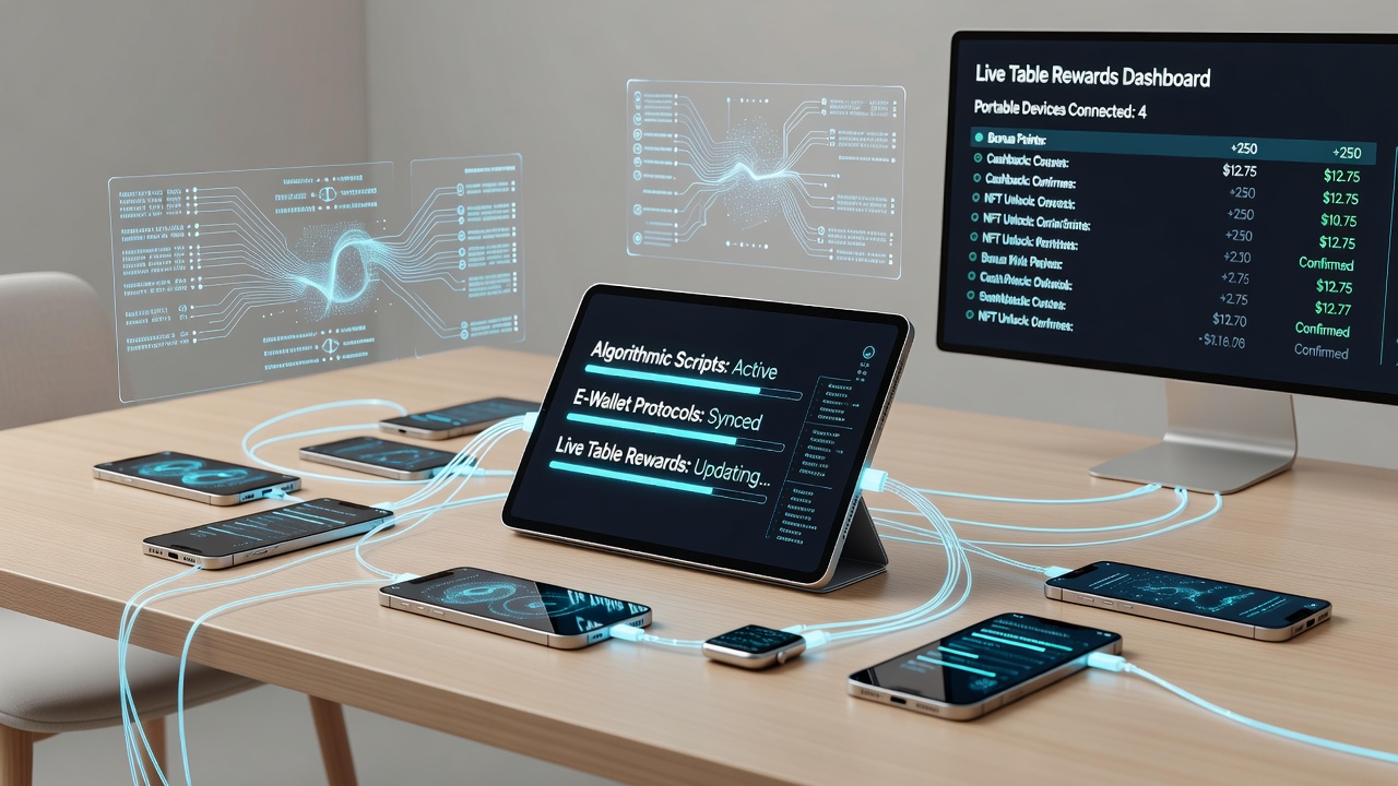 Illustration of mobile device interface displaying live table game with e-wallet reward notifications