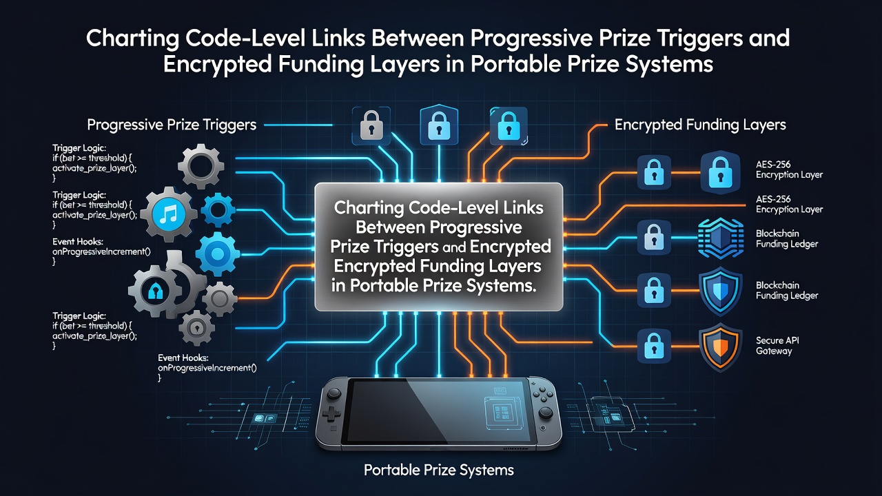 Diagram showing code connections between progressive prize triggers and encrypted funding layers in mobile gaming systems