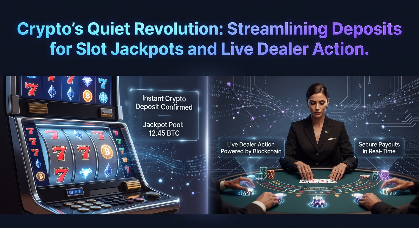 Digital graphic showing cryptocurrency coins flowing seamlessly into online casino slots and live dealer tables, symbolizing faster deposits and jackpot pursuits