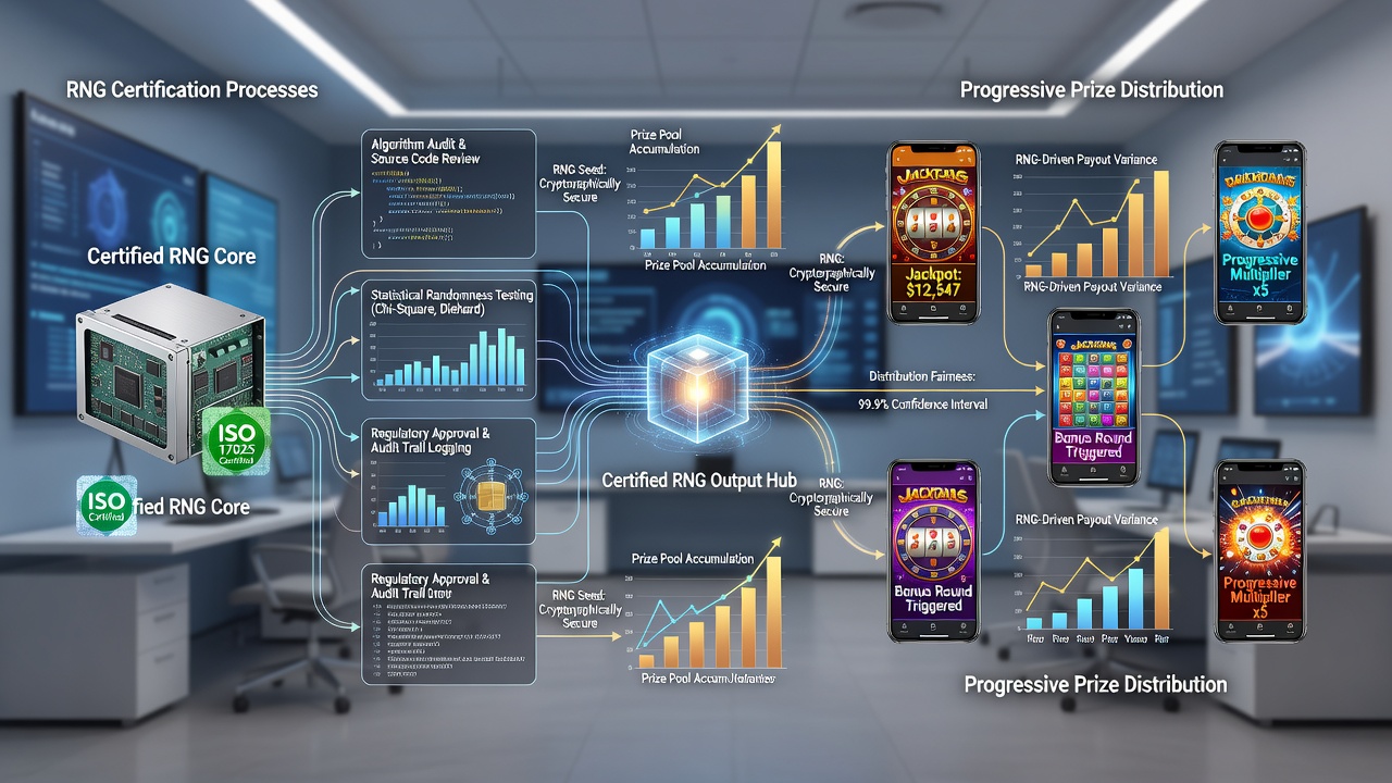 Mobile device displaying progressive jackpot interface during certified RNG operation