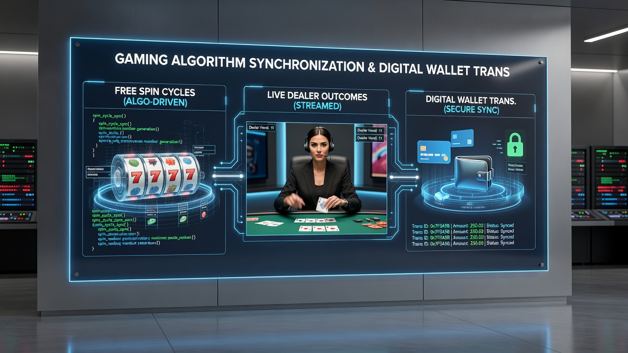 Flowchart illustrating real-time synchronization between free spin RNG modules, live dealer result processors, and digital wallet transaction validators