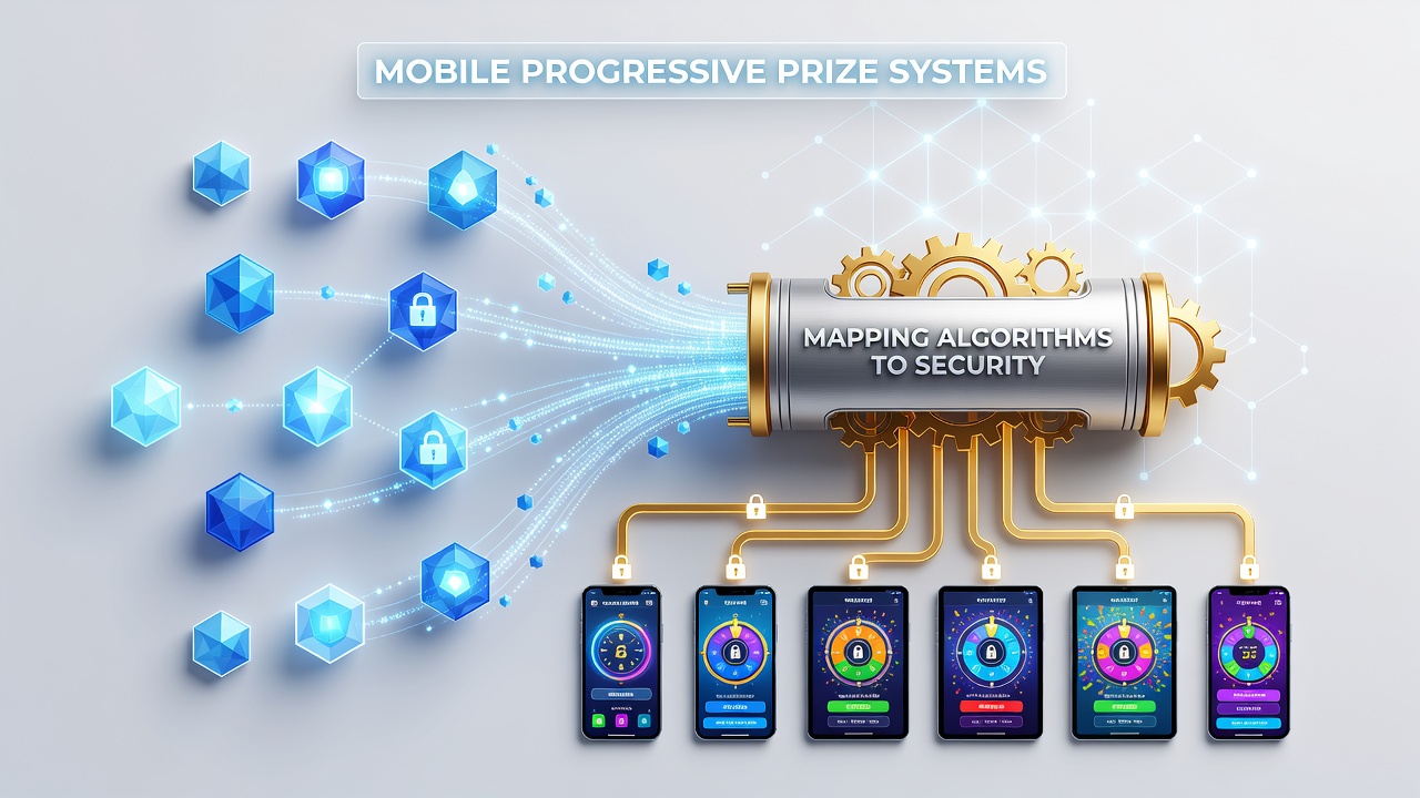 Illustration of algorithmic mapping between mobile game providers and secure transaction layers in progressive prize systems