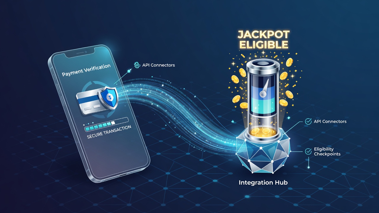 Mobile casino app interface showing payment verification and jackpot eligibility indicators on a handheld device